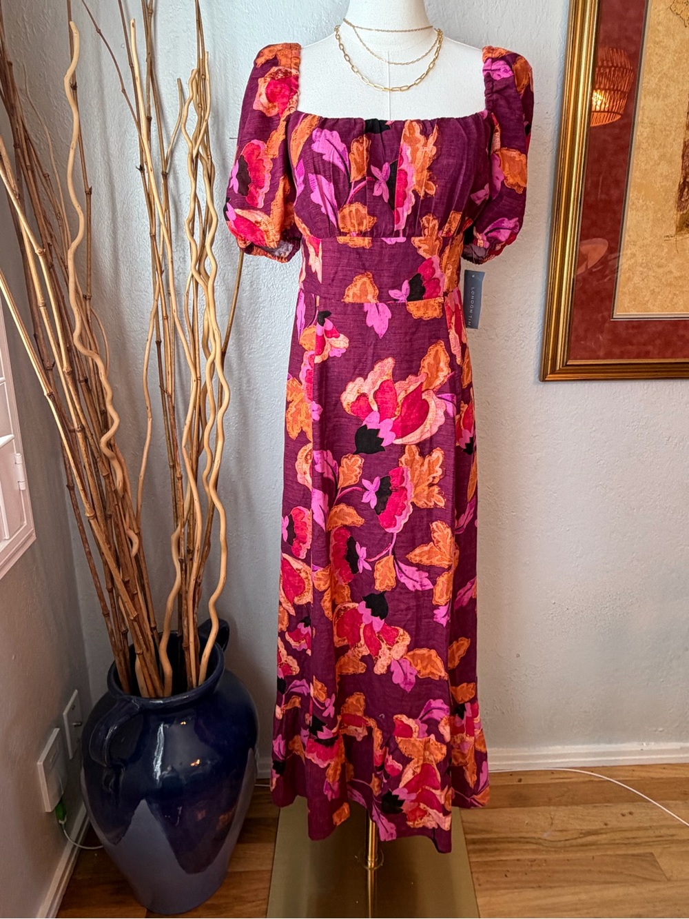 NWT London Times Floral Puff-Sleeve Midi Dress - Plum Pink & Orange Sz 8